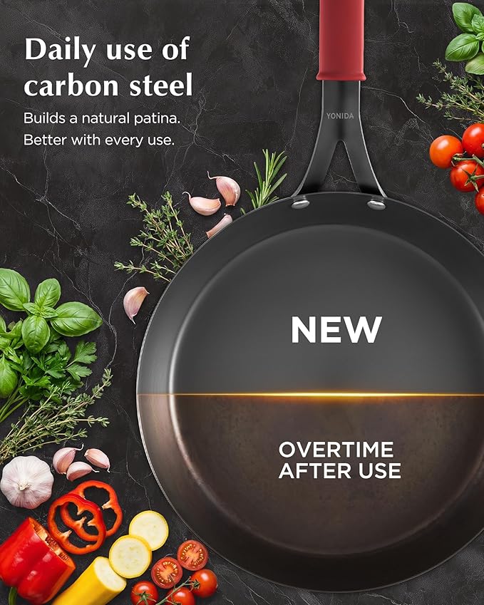 Carbon Steel Pan, 12 Inch Nonstick Frying Pan Skillet, Pre-Seasoned Carbon Steel Cookware with Removable Silicone Handle Holder, Indoor/Outdoor, Induction & Oven Safe
