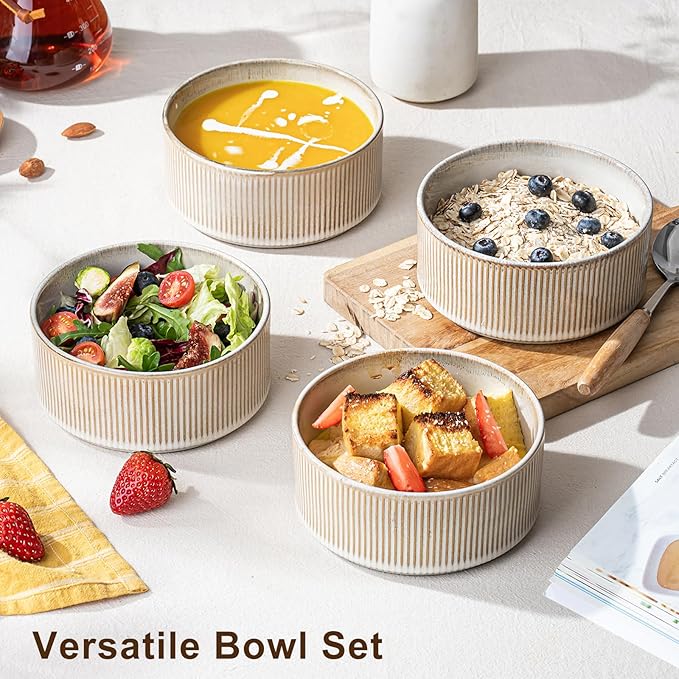 Ceramic Bowl Set of 4-22oz Cereal and Soup Bowls, Microwave and Dishwasher Safe, For Oatmeal, Salad, Pasta, Dessert and Fruit, Beige