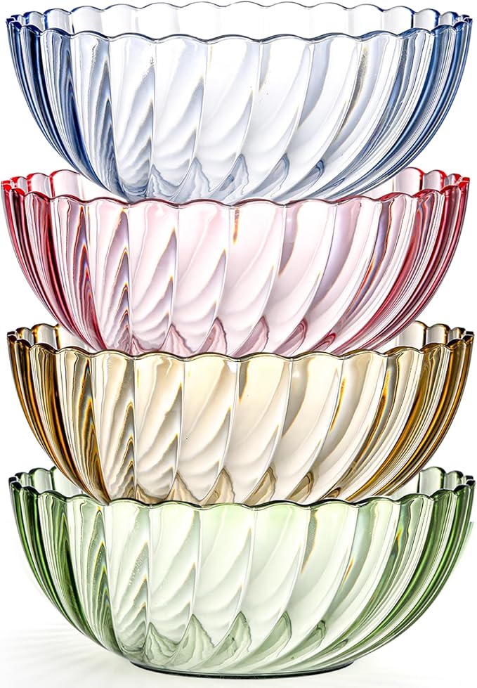 Fasmov 4 Pack Plastic Serving Bowls, Plastic Salad Mixing Bowls, 74oz Break Resistant Plastic Bowls for Salad, Fruit, Popcorn, Chip and Dip, Multicolor