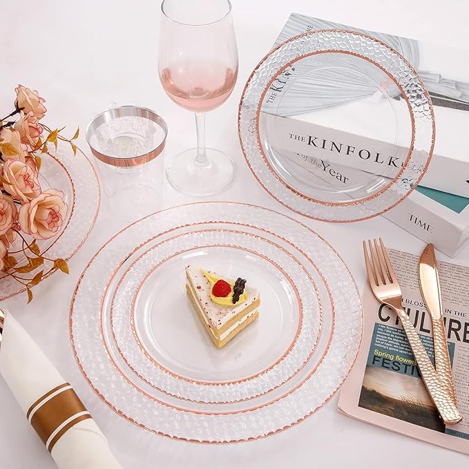 Liacere 350PCS Rose Gold Plastic Plates-Clear Rose Disposable Plates 50 Guests include 50 Dinner Plates,50 Salad Plates,50 Forks,50 Knives,50 Spoons,50 Cups,50 Napkins for Wedding & Mothers Day