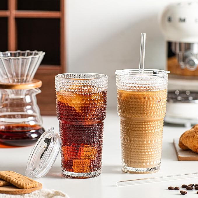 INSETLAN 20oz Hobnail Glass Cups with Lids and Glass Straws – 4 Pieces, Thick-Walled Glass Tumblers for Iced Coffee, Smoothies, Milk, Water, Juice, and More – Elegant and Durable Drinking Glasses