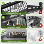 Over Sink Dish Drying Rack, 3-Tier Full Stainless Steel Drainer Dish Rack Adjustable 20.9''-37.4'', Expandable Multifunctional Kitchen Organizer