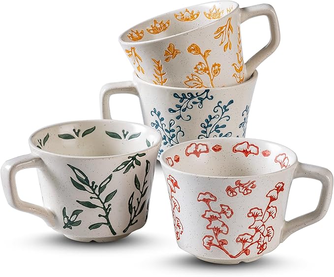 Ceramic Mugs 11 oz Unique Luxurious Cups Set of 4, Mug for Coffee Milk Latte Cappuccino Tea, Office Home Kitchen Use, Dishwasher Birthday Gift Microwave Freezer Safe Stoneware Mixed