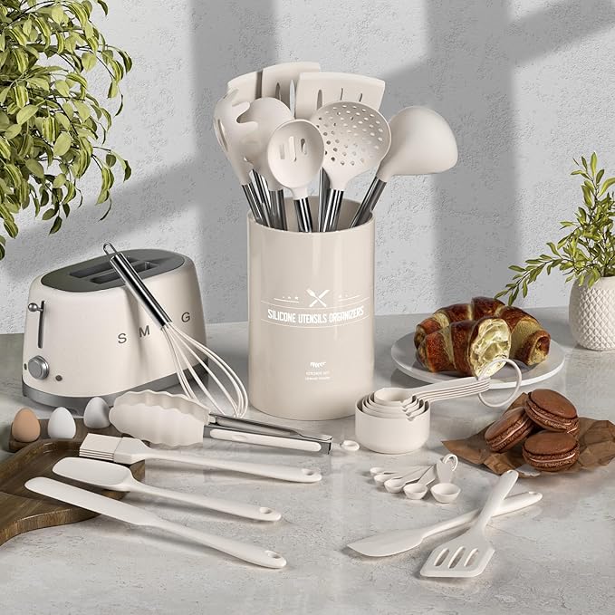 Umite Chef Silicone Kitchen Cooking Utensil Set, 43 pcs Spatula Set with Stainless Steel Handle, Non-stick Heat Resistant - Best Cookware Set-(Khaki)