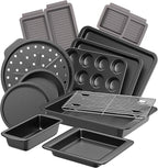 HONGBAKE Bakeware Sets, Baking Pans Set with Reusable Silicone Sheet Trays Dividers, Nonstick Oven Pan with Wider Grips, 14-Piece Including Rack, Cookie Sheet, Cake, Loaf, Muffin, Pizza Pan