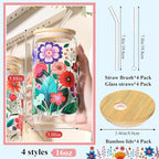 Mumufy 4 Pack Gift for Women Cute Glass Cup Tumbler Flower Iced Coffee Mugs 16 oz Glass with Bamboo Lid & Straw, Mothers Day Birthday Gift for Mom Sister Bridesmaid Baby Shower(Abstract Flower)