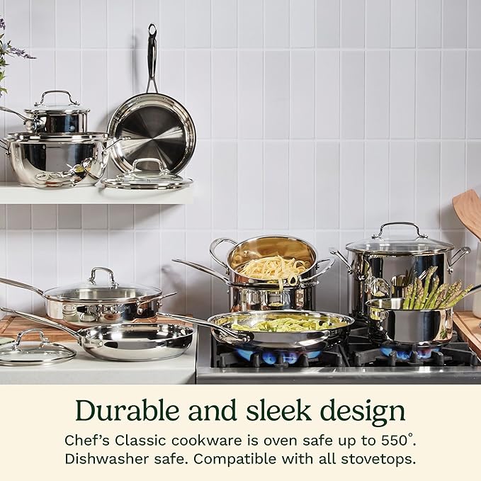 Cuisinart 8-Inch Open Skillet, Stainless Steel Skillet with Lid, Large Kitchen Pan, Dishwasher Safe, Compatible with Induction, Electric, Gas Cooktops, Oven Safe Saucepan, Cool Grip Handles