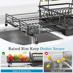 2 Tier Dish Drying Rack, Large Extendable Dish Racks for Kitchen Counter or Over Sink, Dishrack with Drainboard, 2-in-1 Anti-Rust Stainless Steel Dish Drainer with Utensil Holder & Cup Holder (Black)