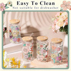 Mumufy 4 Pack Gift for Women Bohemian Flower Cute Glass Cup Tumbler Boho Floral Iced Coffee Mugs 16 oz Glass with Bamboo Lid & Straw, Mothers Day Birthday Gift for Mom Sister Bridesmaid Baby Shower