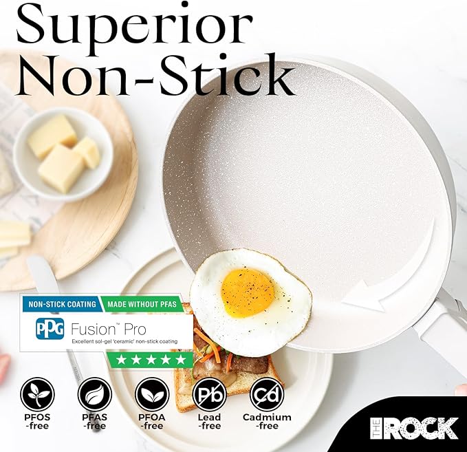 THE ROCK SOHO 9.5-Inch Non Stick Frying Pan with Lid–Nothing Sticks, Never Warps, Lasts Longer, Ceramic Non Toxic Skillet with Heat-Resistant Handle, PTFE PFOA&PFAS Free, Dishwasher Safe, Cream