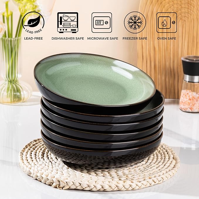LERATIO Large Pasta Bowls,38oz Ceramic Pasta Bowls,9.0" Reactive Glaze Pasta Bowl Set of 6,Microwave & Dishwasher,Oven Safe,Wide Serving Bowls for Salad,Pasta,Fruit,Scratch Resistant-Light Blue