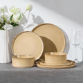 E-far Stoneware Dinnerware Sets for 2, 6-Piece Plates and Bowls Sets, Chip & Scratch Resistant Ribbed Dish Set for Home Restaurant, Microwave & Dishwasher Safe, Caramel Khaki