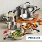Farberware Brilliance Stainless Steel Cookware Pots and Pans Set with Kitchen Cooking Tools and Glass Lids, 10 Piece, Dishwasher Safe and Induction Ready, Stainless Steel
