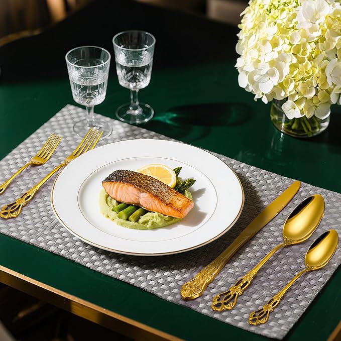 40 Pieces Gold Silverware Set for 8, Retro Royal Utensils Set Gold, Stainless Steel Flatware Dinnerware Set Including Forks Spoons and Knives Cutlery Set for Kitchen Wedding Party