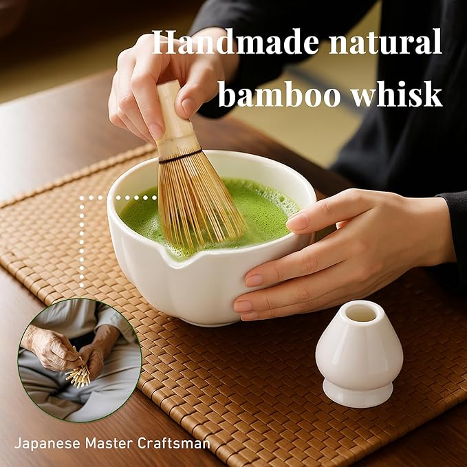 Matcha Whisk Set,7 PCS Ceramic Matcha Kit Includes Matcha Bowl with Spout, Matcha Whisk and Holder, Bamboo Scoop, Stainless Sifter, Tea Towel, Unique Gift for Matcha Lovers (White)