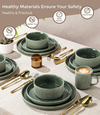 GBHOME 24-Piece Stoneware Dinnerware Set for 8 – Ribbed Ceramic Plates and Bowls, Scratch-Resistant, Microwave & Dishwasher Safe, Reactive Glaze, Dark Green