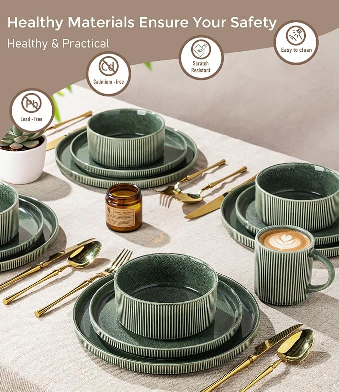 GBHOME 24-Piece Stoneware Dinnerware Set for 8 – Ribbed Ceramic Plates and Bowls, Scratch-Resistant, Microwave & Dishwasher Safe, Reactive Glaze, Dark Green