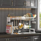 PUSDON Over Sink Dish Drying Rack Stainless Steel, Adjustable Large Dish Drainer for Storage Kitchen Organization White 2 Tier - Standard(26"-38")