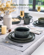 Famiware Star 12-Piece Stoneware Dinnerware Sets for 4, Reactive Glaze Plates and Bowls, Modern Rustic Dishes for Everyday & Formal Use, Chip/Scratch Resistant, Microwave/Dishwasher Safe, Deep Forest