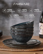 Famiware Dinnerware Sets for 4, Ocean Round 12-Piece Kitchen Plates and Bowls Sets, Reactive Glaze, Microwave and Dishwasher Safe, Scratch Resistant, Deep Forest