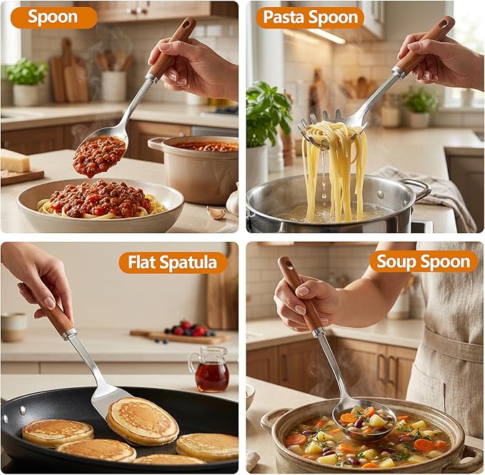 9PCS 18/8 Stainless Steel Kitchen Utensils, Stainless Steel Cooking Utensils with Wooden Handle, Metal Cooking Utensils Set, Spatula, Ladle, Skimmer, Spaghetti Spoon, Potato Masher, Easy To Clean