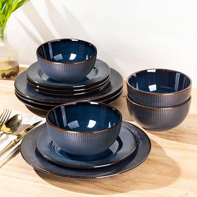 GBHOME Ceramic Dinnerware Sets,12 pcs Embossed Elegant Stoneware Plates and Bowls Sets, Housewarming Wedding Gift | Dishwasher & Microwave Safe | Dishes Set Service for 6