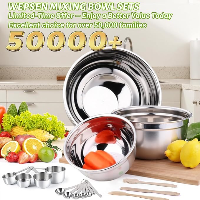 Mixing Bowls Set, 25PCS Khaki Mixing Bowls With Lids Set Stainless Steel Kitchen Large Nesting Metal Bowl 7QT to 1.5QT, Measuring Cups and Spoons for Prepping Cooking Serving
