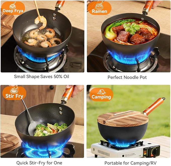 WANGYUANJI Carbon Steel Wok with Lid, 8.7" Small Mini Wok Pan, Thickened Heavy Duty Flat Bottom for Deep Frying, Camping & Solo Meals, Induction Ready, Seasoning Required, Traditional Pow Skillet