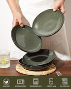 Pokini Pasta Bowls Set of 4, Reactive Glaze Salad Bowl 30 oz, Microwave & Dishwasher Safe, Large Wide Serving Bowls for Fruit/Soup/Noodle/Dessert, Blackish Green