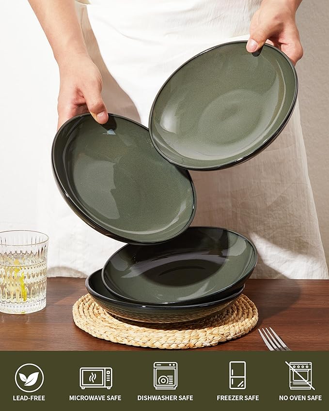 Pokini Pasta Bowls Set of 4, Reactive Glaze Salad Bowl 30 oz, Microwave & Dishwasher Safe, Large Wide Serving Bowls for Fruit/Soup/Noodle/Dessert, Blackish Green