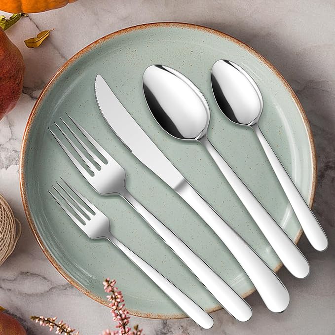 HaWare Heavy Duty Silverware Set, 60-Piece Stainless Steel Flatware Cutlery for 12, Modern & Elegant Design Includes Knives/Forks/Spoons, Mirror Polished and Dishwasher Safe