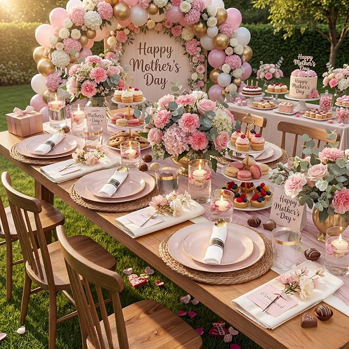 KIRE 350 PCS Pink Plastic Plates - Pink and Gold Disposable Dinnerware 50 Guest Include 50 Dinner Plate - 50Dessert Plate - 50Pre Rolled Napkins with Silverware for Mother's Day/Wedding/Baby Shower