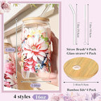 Mumufy 4 Pack Gift for Women Bloom Floral Elegant Glass Cup Tumbler Blooming Garden 16 oz Iced Coffee Glass with Bamboo Lid & Straw, Mothers Day Birthday Gift for Mom Sister Bridesmaid Baby Shower