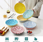 vancasso 8.5" Pasta Bowls Set of 6, 40 oz Porcelain Shallow Salad Bowls, Serving Bowls Large Kitchen Bowl Plates Pasta Dishes Plates, Colorful Floral Design, Microwave Safe, Series SELENE
