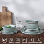 Famiware Annecy Dinner Plates and Bowls Sets, Stoneware Dinnerware Sets, Dishes Set for 6, 18 Pieces Handmade Dishware Set - Microwave & Dishwasher Safe, Double Reactive Glaze Tableware, Grey-Blue