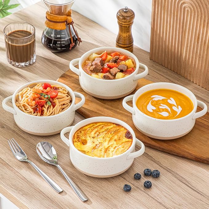 vancasso Sabine French Onion Soup Bowls with Handles, 30 Oz Large Soup Bowls for Cereal, Pasta,Stew, Oven Safe Soup Sowls, Soup Crocks Set of 4, Cream Beige