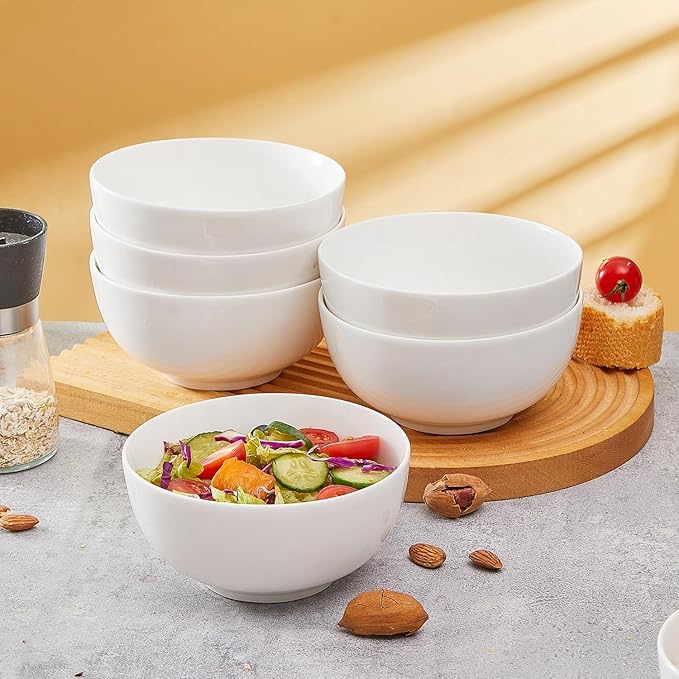 AntoKueh White Ceramic Bowls 6 in, 26Oz round Large Cereal Bowl set of 6, Deep Porcelain Bowls for Cereal, Salad, Noodles, Dishwasher/Microwave safe