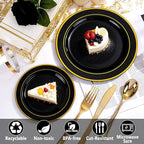 GATHER 700PCS Black Plastic Plates - Gold Disposable Plastic Dinnerware Set Include 200 6.3inch/9inch Black Plates, 300 Silverware, 100 Napkins, 100 Cups for Party & Wedding & Birthday