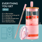 Pandaloo® Glass Cups With Lids and Straws -20 Fl Oz- Perfect Size Iced Coffee Cup - Smoothie Cup With Bamboo Lid and On the go Lid - Glass Tumbler With Straw (1 Count (Pack of 1), Tender Pink)