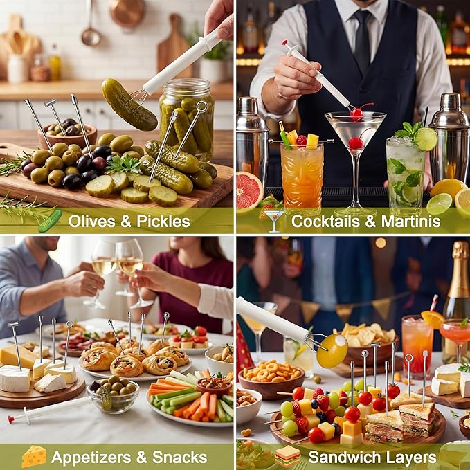 8 PCS Metal Martini Cocktail Picks for Drinks, Reusable Stainless Steel Martini Picks with Pickle Grabber, Dishwasher Safe for Dirty Martinis, Appetizers & Olives, Bloody Mary Bar Supplies
