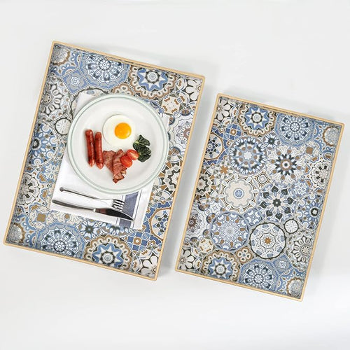 AGIOTA 2 Pcs Serving Tray with Handles Bohemian Decorative Tray Large Ottoman Trays for Living Room Blue Coffee Table Trays for Breakfast