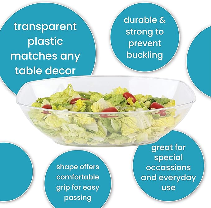 PLASTICPRO Disposable Oval Serving Bowls, Party Snack or Salad Bowl, 72-Ounce, Plastic (4, Clear)