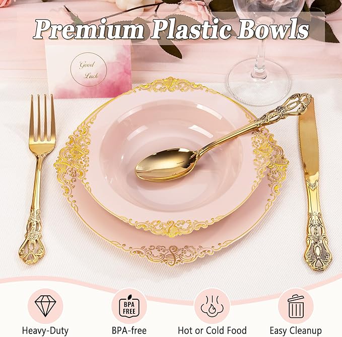 100PCS Pink Plastic Bowls - 12 oz Pink Gold Disposable Salad Bowls - Heavy Duty Soup Bowl - Fancy Plastic Ice Cream Bowl for Weddings Parties Dinners Picnics Mother‘s Day