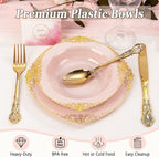 100PCS Pink Plastic Bowls - 12 oz Pink Gold Disposable Salad Bowls - Heavy Duty Soup Bowl - Fancy Plastic Ice Cream Bowl for Weddings Parties Dinners Picnics Mother‘s Day