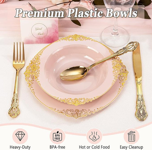 100PCS Pink Plastic Bowls - 12 oz Pink Gold Disposable Salad Bowls - Heavy Duty Soup Bowl - Fancy Plastic Ice Cream Bowl for Weddings Parties Dinners Picnics Mother‘s Day