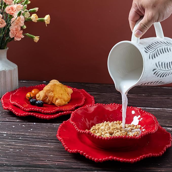 Christmas Red 18 Piece Beaded Melamine Dinnerware Sets, Service for 6, Lightweight Unbreakable, BPA Free With Scalloped rim Plates and Bowls Sets, Dishwasher Safe, Indoor and Outdoor Use