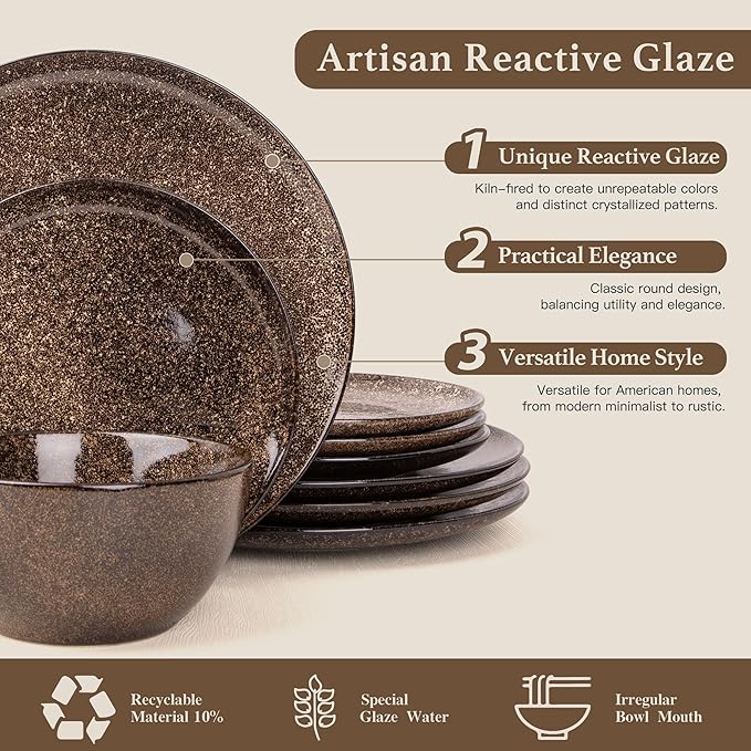 Dafuceramic Plates and Bowls Sets, 12 Pieces Dark Blue Dinnerware Sets for Kitchen, Reactive Glaze Dishes Set for 4, Dishwasher and Microwave Safe, Series Starflecked Shore(Brown)