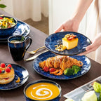 vancasso Starry 16 Pieces Dinnerware Set for 4, Reactive Glaze Blue Stoneware Plates and Bowls Set, Dishes Set with Mugs for 4, Microwave & Dishwasher Safe