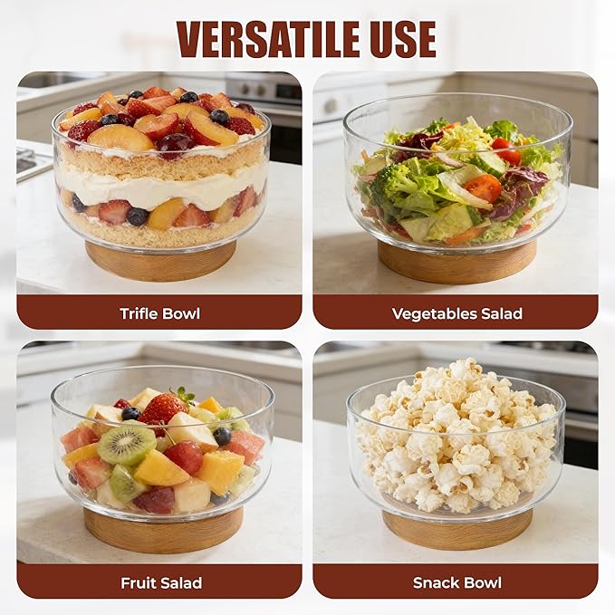 Prikoi 155oz Large Trifle Bowl with Wood Stand, Clear Glass for Displaying Layered Dessert, Salads, Fruit, Modern Design Food Storage Container, Elegant for Party, Holiday, Housewarming Gift
