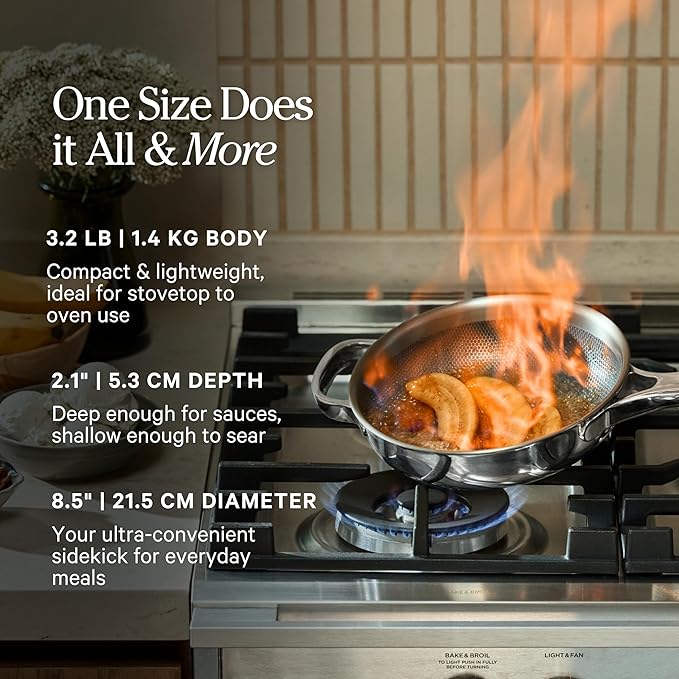 Our Place Mini Titanium Always Pan Pro | 8.5" PFAS-Free Nonstick Frying Pan with Spatula | Chef-Grade Tri-Ply Stainless Steel & Aluminum Build | Induction & Oven-Safe up to 1000°F | Chrome